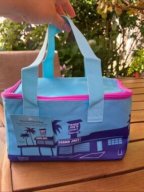 Trader Joe's Mini Insulated Tote Bag - Aqua with Pink Trim